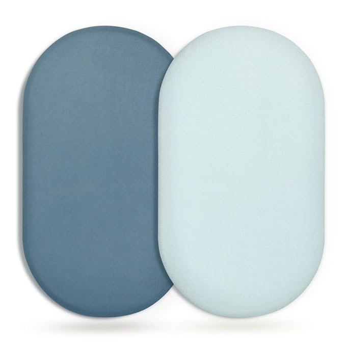 GRSSDER Stretchy Ultra Soft Fitted Bassinet Sheet 2 Pack, Universal Fit for Bassinets Baby Cradle Moses Basket Oval Rectangle Mattress Safe and Snug, Jersey Bassinet Sheets for Girls, Blue/Navy