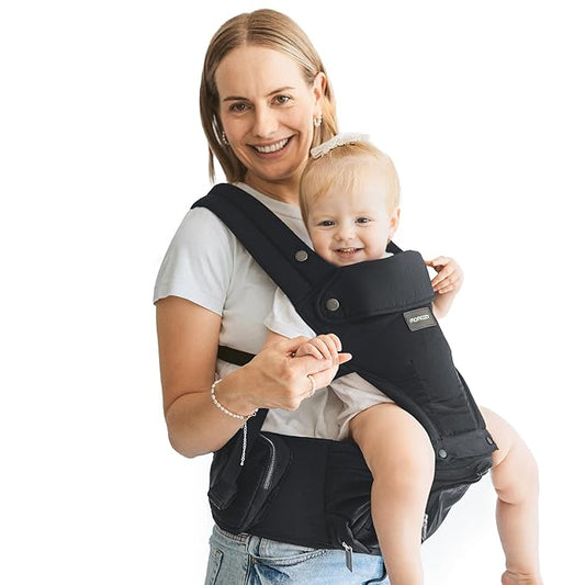 Momcozy Baby Carrier with Hip Seat, 2-in-1 Forward-Facing Carry for Active Babies, Detachable Hands-Free Infant Carrier up to 44lbs, All Seasons Toddler Carrier Fits Waist Sizes up to 45 Inches, Black