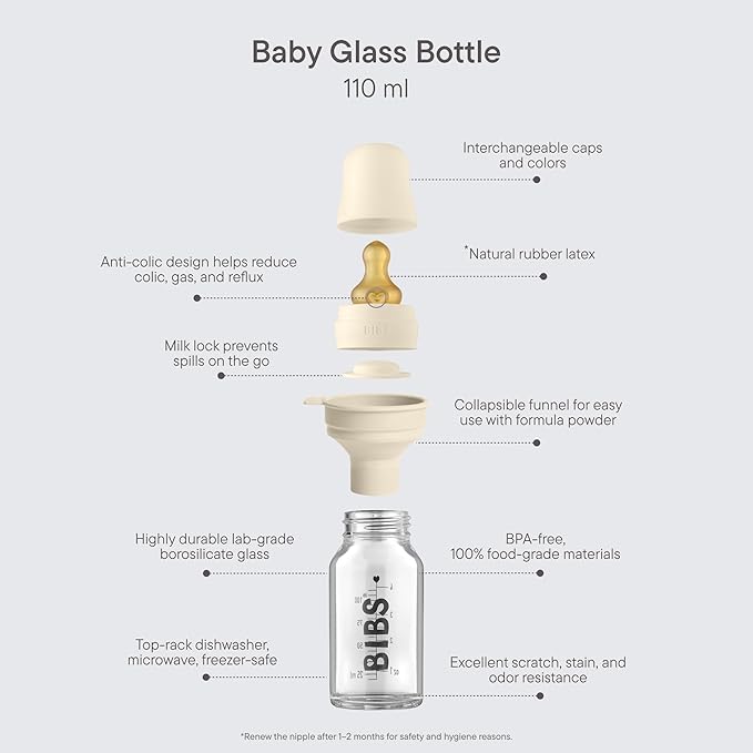BIBS Baby Glass Bottle. Anti-Colic. Round Natural Rubber Latex Nipple. Supports Natural Breastfeeding, Complete Set - 110 ml, Woodchuck