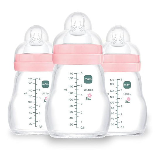 MAM Premium Glass Baby Bottles, Easy Switch Between Breast and Bottle, Feel Good Slow Flow, Newborn Essentials Must Have, 0+ Months, BPA Free, 6oz, Girl, 3 Pack
