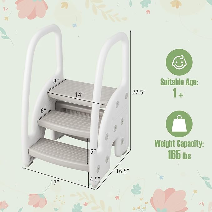 HONEY JOY Kitchen Step Stool for Toddlers, Children Plastic Tower Helper w/Handrails for Bathroom Sink, Toilet Potty Training, Adjustable 3 Step Kids Learning Standing Tower for Kitchen Counter(Gray)