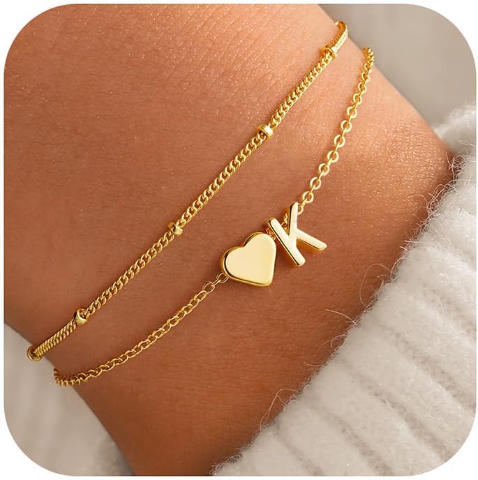 M MOOHAM Initial Heart Bracelets for Women - Layered Dainty 14K-Gold-Plated Heart Letter A-Z Charm Bracelets for Women, Chain Link Charm Bracelets Beaded Bracelets Birthday Gifts Womens Jewelry