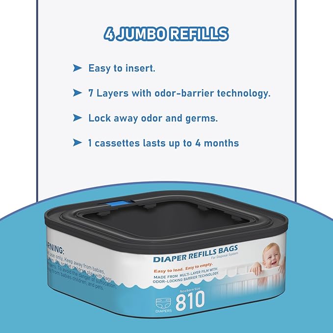 Jumbo Square Refills Disposal Bags Refill Compatible with Diaper Genie Classic, Compact and Select Pails, Hold Up to 810 Newborn-Sized Diapers Per Refill, 4 Packs