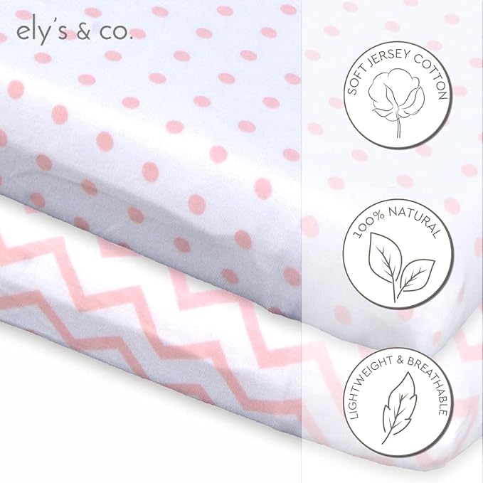 Ely's & Co Pack n Play , Portable mini Crib Sheet Set 100% Jersey Cotton Pink Chevron and Polka Dots for Baby Girl, 2 Pack