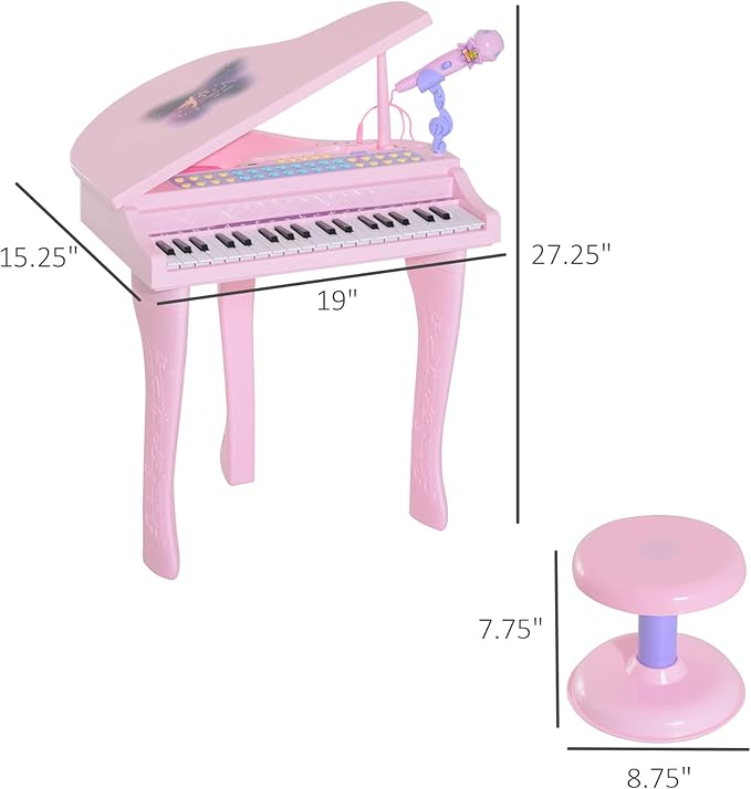 Qaba 37-Key Kids Toy Keyboard Piano Musical Electronic Instrument Grand Piano with Microphone, Stool, MP3, U-Disk, Lights for 3-6 Years, Pink