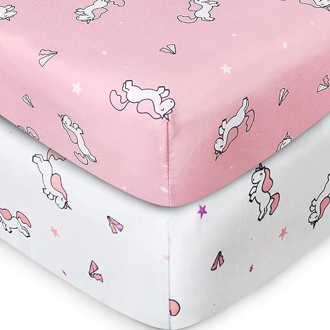 Girl Crib Sheets 2-Pack, Fitted 52'' x 28'' for Standard Crib & Toddler Mattress, Soft and Breathable Material, Neutral & Pink
