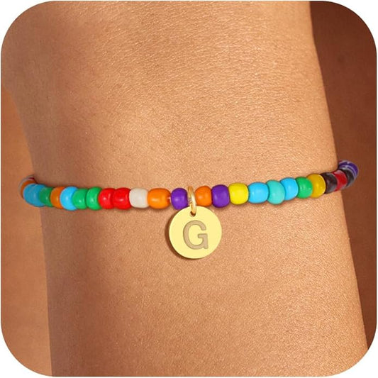 Colorful Initial Bracelets for Women Girls, Cute Beaded Initial Bracelet Teen Girl Gifts Trendy Stuff Gold Disc Letter Bracelet Personalized Gifts for Women Jewelry