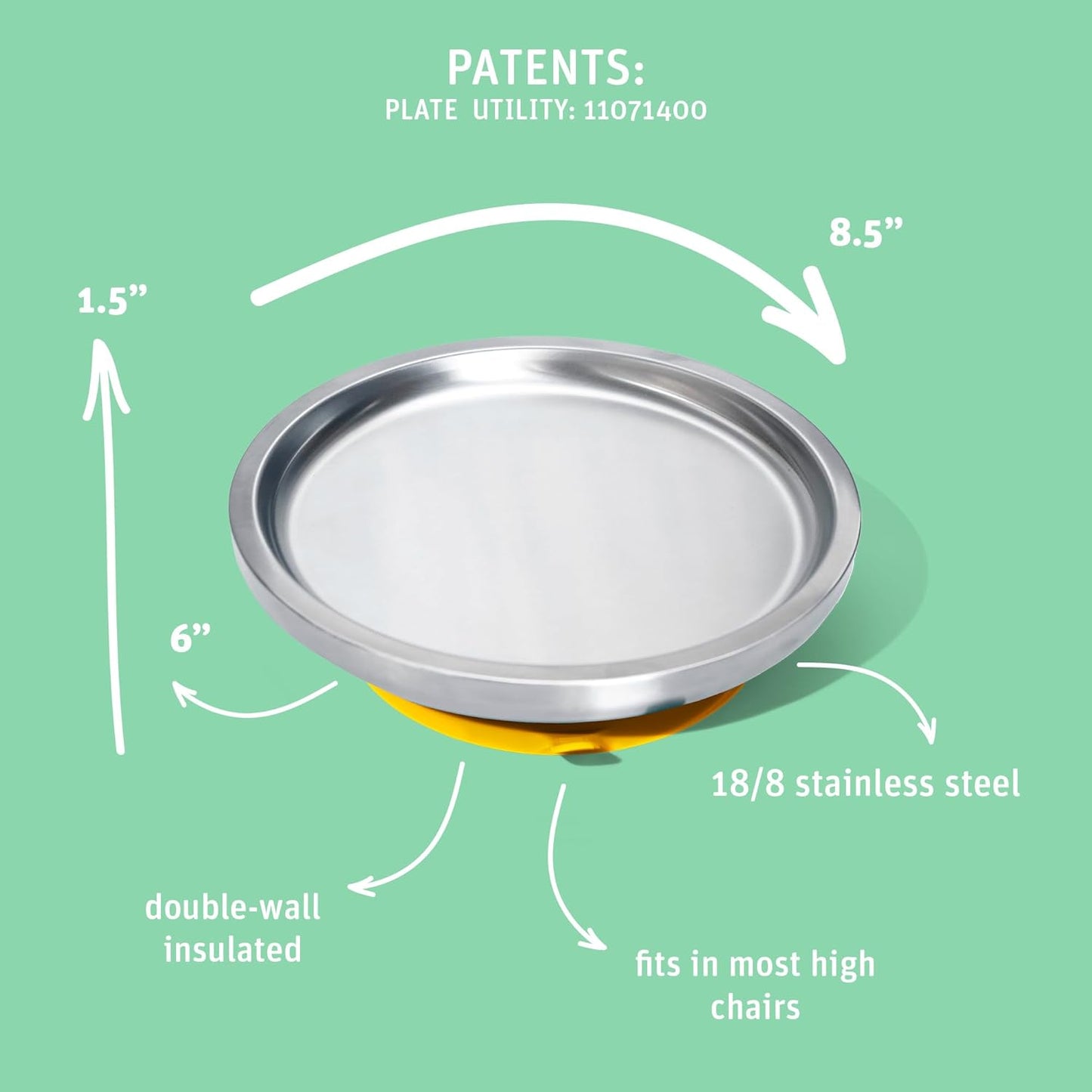 Avanchy Open Baby Plates with Suction – Stainless Steel Divided Plates for Toddlers, BPA-Free, Dishwasher Safe, Unbreakable, Non-Toxic, 100% Silicone Suction – Yellow