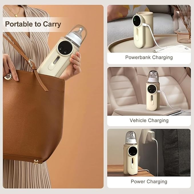 Portable 8000mAh Baby Bottle Warmer Bag with USB Charging and Vacuum Insulation, Milk Heating for Travel and Outdoor Feeding, Compatible with Standard and Wide Neck Bottles, Beige