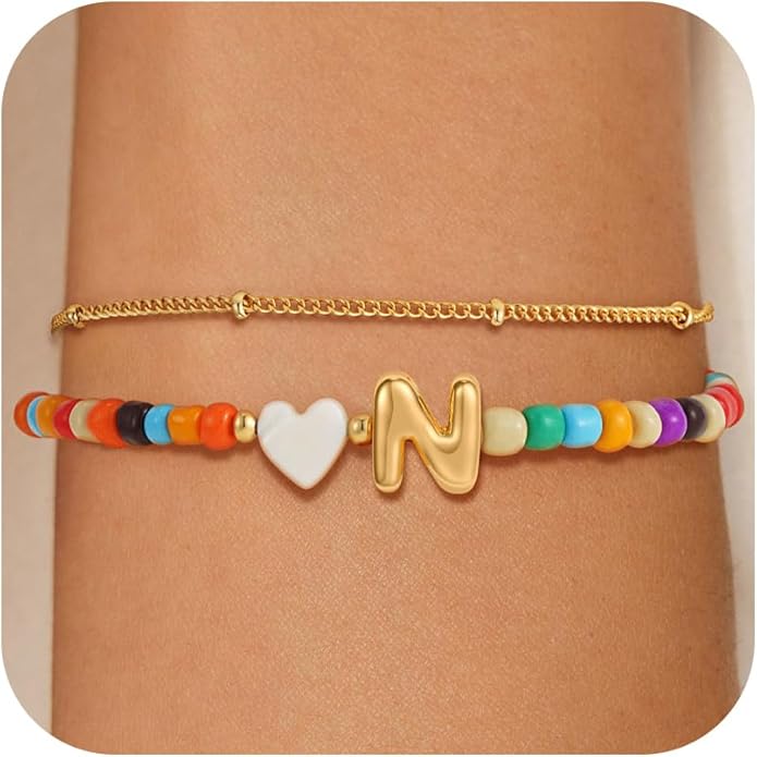 Colorful Initial Bracelets for Women Girls - 14K Gold Plated Heart Initial Letter Daint A-Z Charm Bracelet Summer Jewelry Teen Girl Gifts for Teen Kids