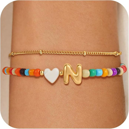 Colorful Initial Bracelets for Women Girls - 14K Gold Plated Heart Initial Letter Daint A-Z Charm Bracelet Summer Jewelry Teen Girl Gifts for Teen Kids