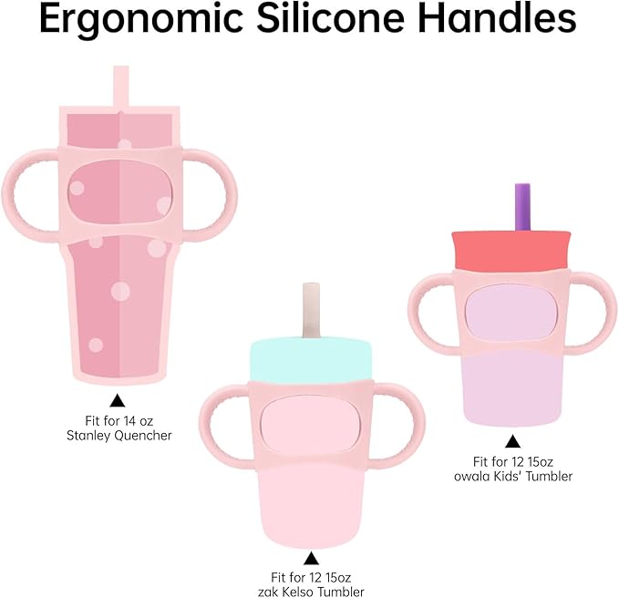 NiHome Tumbler Grip Compatible with 14oz Stanley Quencher, Fit for 12 15oz Zak Owala kids Cups Accessories Handle, Silicone Dual-Handle Tumbler Handles for Home Travel Outdoors Daily Use (2PCS,Pink)