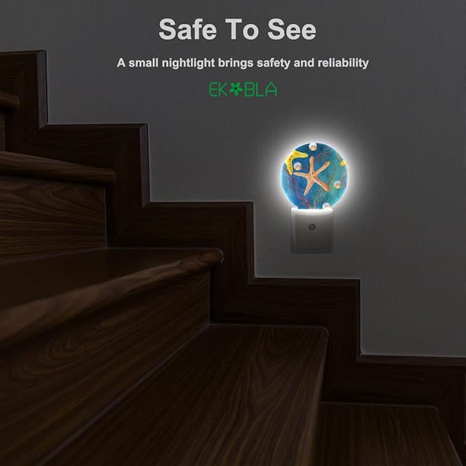 EKOBLA Starfish Night Lights Plug into Wall Ocean Sea Coral Fish Pearl Reed Seashell Plug-in Nightlights Home Auto Sensor LED Dusk to Dawn Light for Bedroom Bathroom Kitchen Corridor