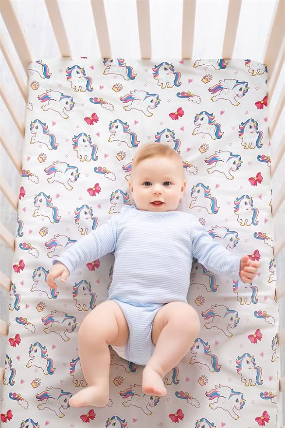4 Pack Soft Baby Girl Crib Sheets for Standard Crib Mattress Unicron Rainbow Heart Cute Neutral Polyester Unisex Fitted Crib Sheets Set for Baby Girls