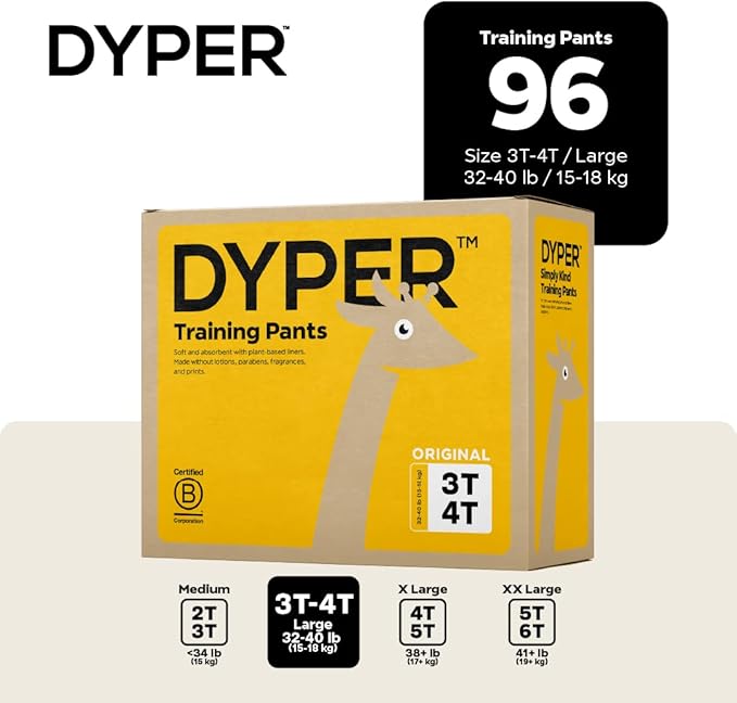DYPER - Toddler Pull Up Style Potty Training Pants Girls/Boys Day & Overnight Protection - Made with Plant-Based*, Skin-Friendly Ingredients, Hypoallergenic -Size 3T-4T (96 Count)