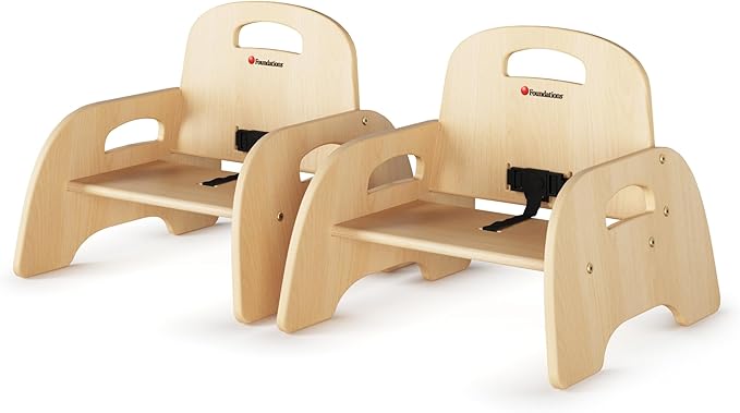 Foundations Simple Sitter Low Wood Feeding Chairs Multipack, Wide No-Tip Base, Adjustable Safety Harness, Stackable Wood Toddler Chairs with Food Service Grade Finish, 2 Pack (5 inch)