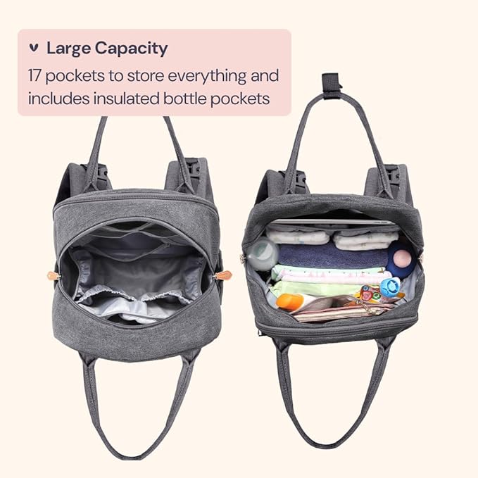 BabbleRoo Diaper Bag Backpack - Baby Essentials Travel Tote - Multi Function Water Resistant Diaper Bag, Travel Essentials Baby Bag with Changing Pad, Stroller Straps & Pacifier Case - Dark Gray