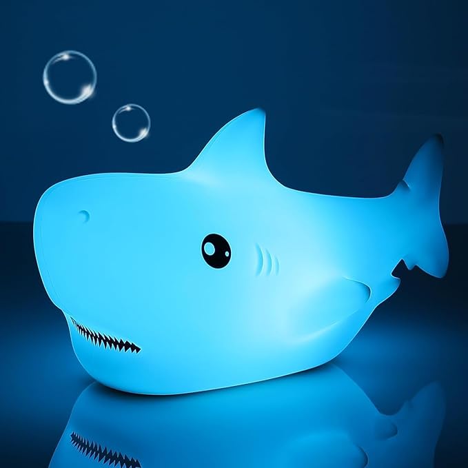 LOVERUIS Shark Night Light for Children, 7 Color Changing LED Portable Touch Baby Lamp, USB Rechargeable Silicone Animal Night Light for Children, Kindergarten, Toddlers (Shark)