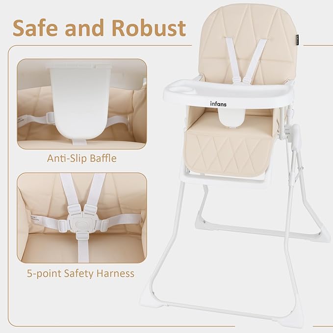 INFANS Baby High Chair, Quick Folding Portable Highchair for Babies and Toddlers with Adjustable Footrest Removable Dishwasher Tray PU Seat, Compact Highchairs for Baby Age 6-36 Months (Beige)