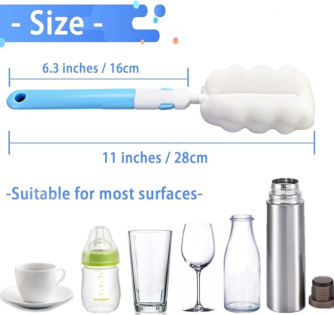 Bottle Brush Sponge Cup Brush Set with 4 Replacement Brush Head Portable Long Handle Water Bottle Cleaner Brush, for Baby Bottles Vacuum Flasks (4 Brushes + 4 Heads)