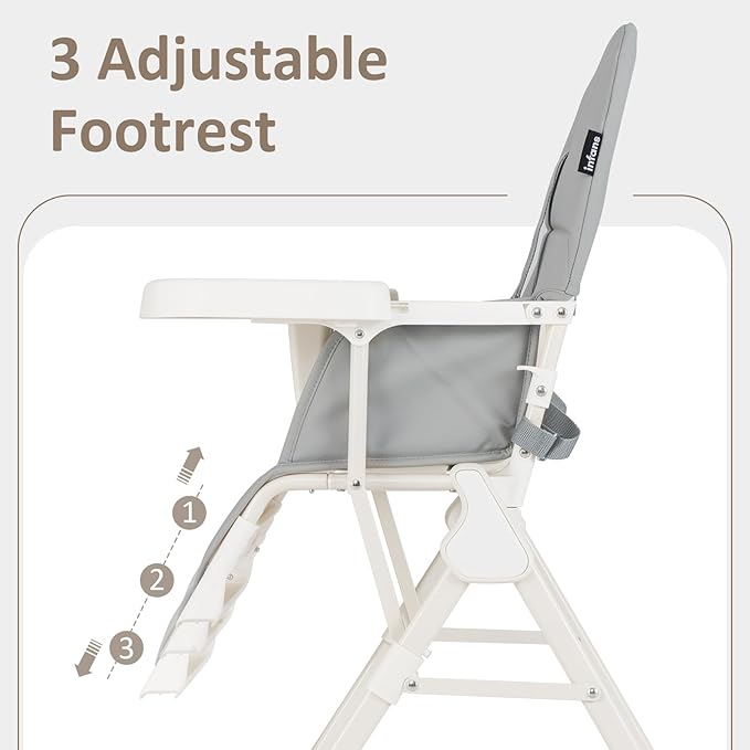 INFANS Baby High Chair, Quick Folding Portable Highchair for Babies and Toddlers with Adjustable Footrest Removable Dishwasher Tray PU Seat, Compact Highchairs for Baby Age 6-36 Months (Grey)