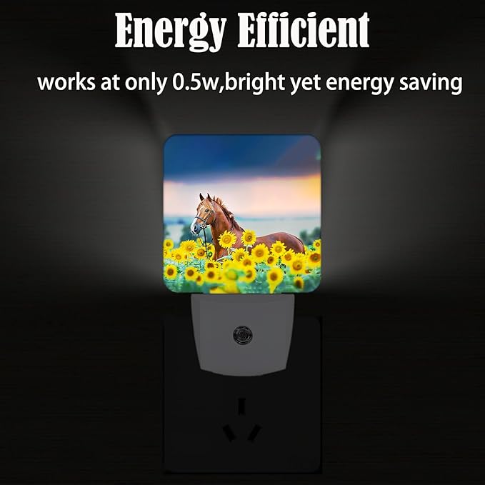 Sunflower Farm Animal Horses Night Light,Plug Into Wall with Dusk to Dawn Light Sensors, Warm Nightlights for Bedroom, Bathroom, Hallway, Kitchen, Gifts Ideal for Boys Girls Women Men