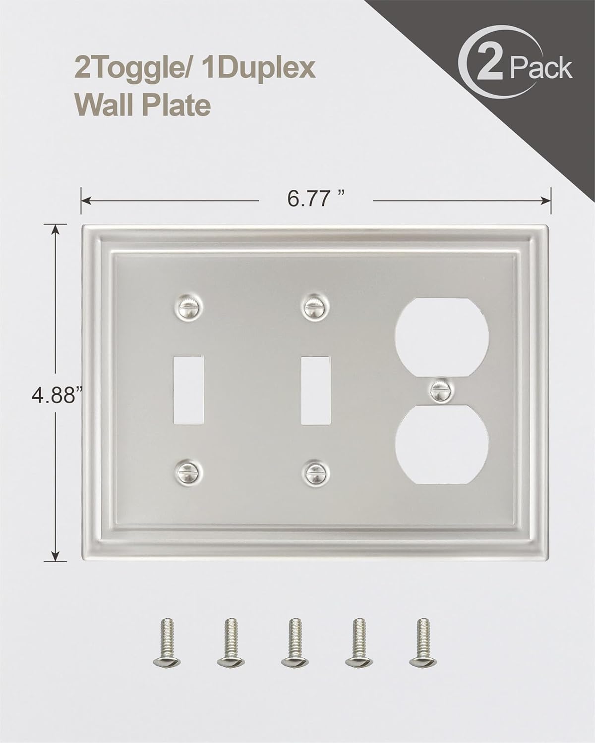 2-Pack Combination 2 Toggle/1 Duplex Wall Plate, Satin Nickel Switch Plate and Outlet Cover, Midsize, A035 Series