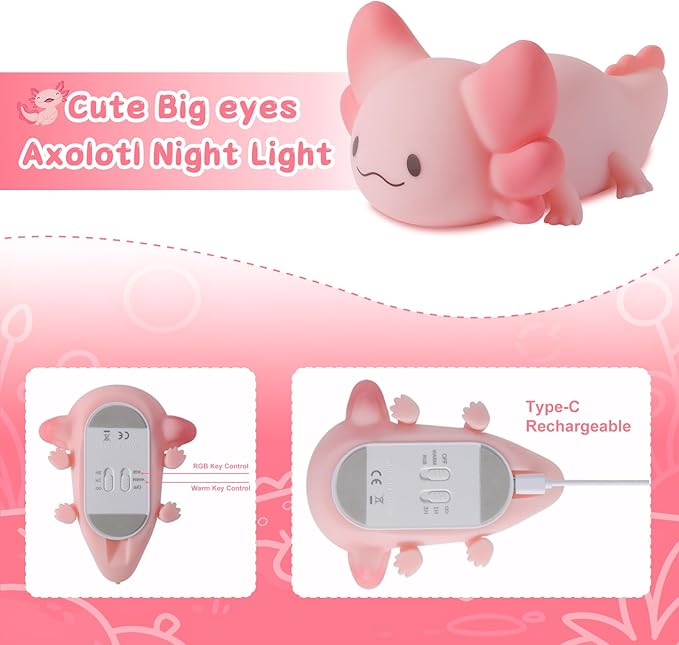 ZKLiLi Axolotl Night Light Kids Nightlight,Squishy Cute Lamp Dimmable Childrens Night Light Baby with Timer & 16 Colors,Rechargeable Bedroom Smart LED Bedside Lamps Toddler Night Light Newborn