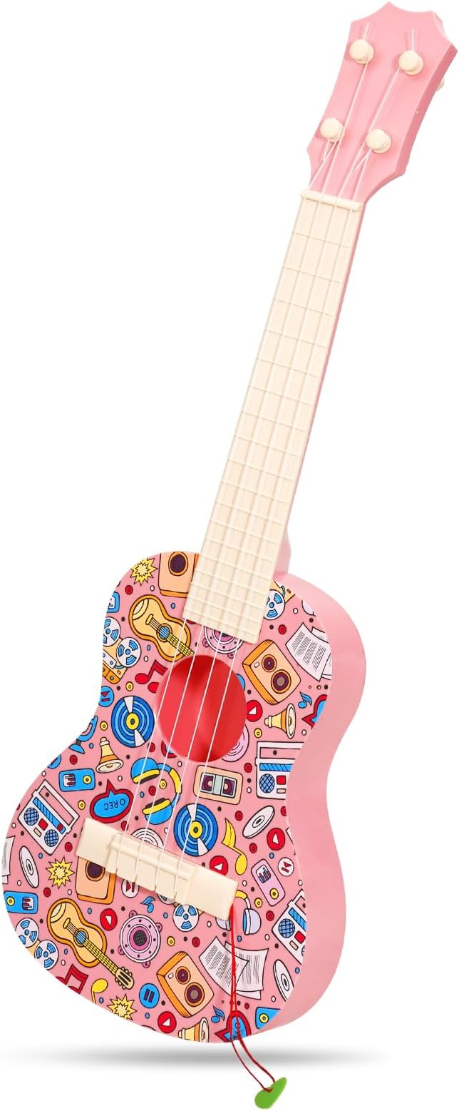 LeeQee 21in Colorful Graffiti Ukulele Guitar for Kids, 4 Strings Kids Guitar Ukulele Musical Instruments Learning Educational Toys with Picks for 3 4 5 6 7 8 9 10 11 12 Toddler Boys Girls (Pink)