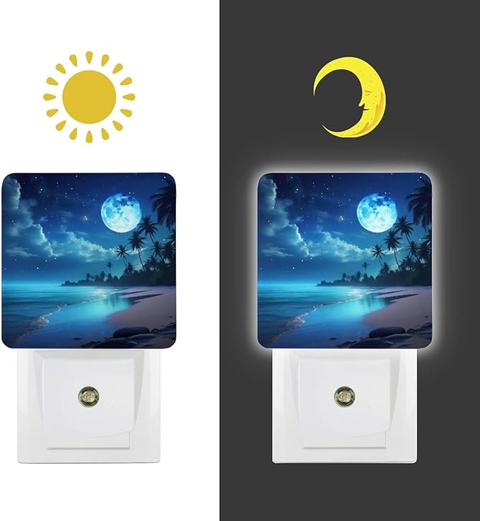 Moon Beach Night Light, Plug into Wall Decor Nightlights for Bedroom, Bathroom, Hallway, Kitchen, with Dusk to Dawn Light Auto Sensors LED Night Lights for Boys Girls Women Men Room Gifts