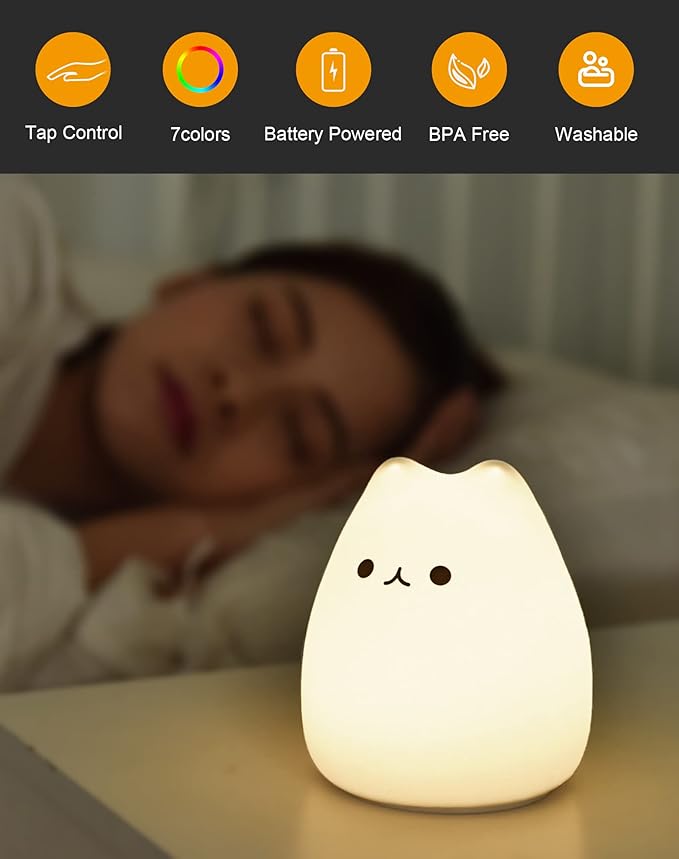 LED Cat Night Light, Battery Powered Night Light for Kids, Silicone Multicolor Cute Lamp with Warm White and 7-Color Breathing Mode, Christmas Gifts for Kids, Baby, Children (Celebrity Cat)