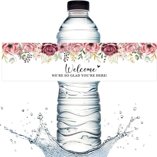 100PCS Wedding Water Bottle Labels Waterproof Greenery Floral Wraps Sticker for Water Bottle Baby Shower Bottle Label for Bridal Shower Party Welcome A07