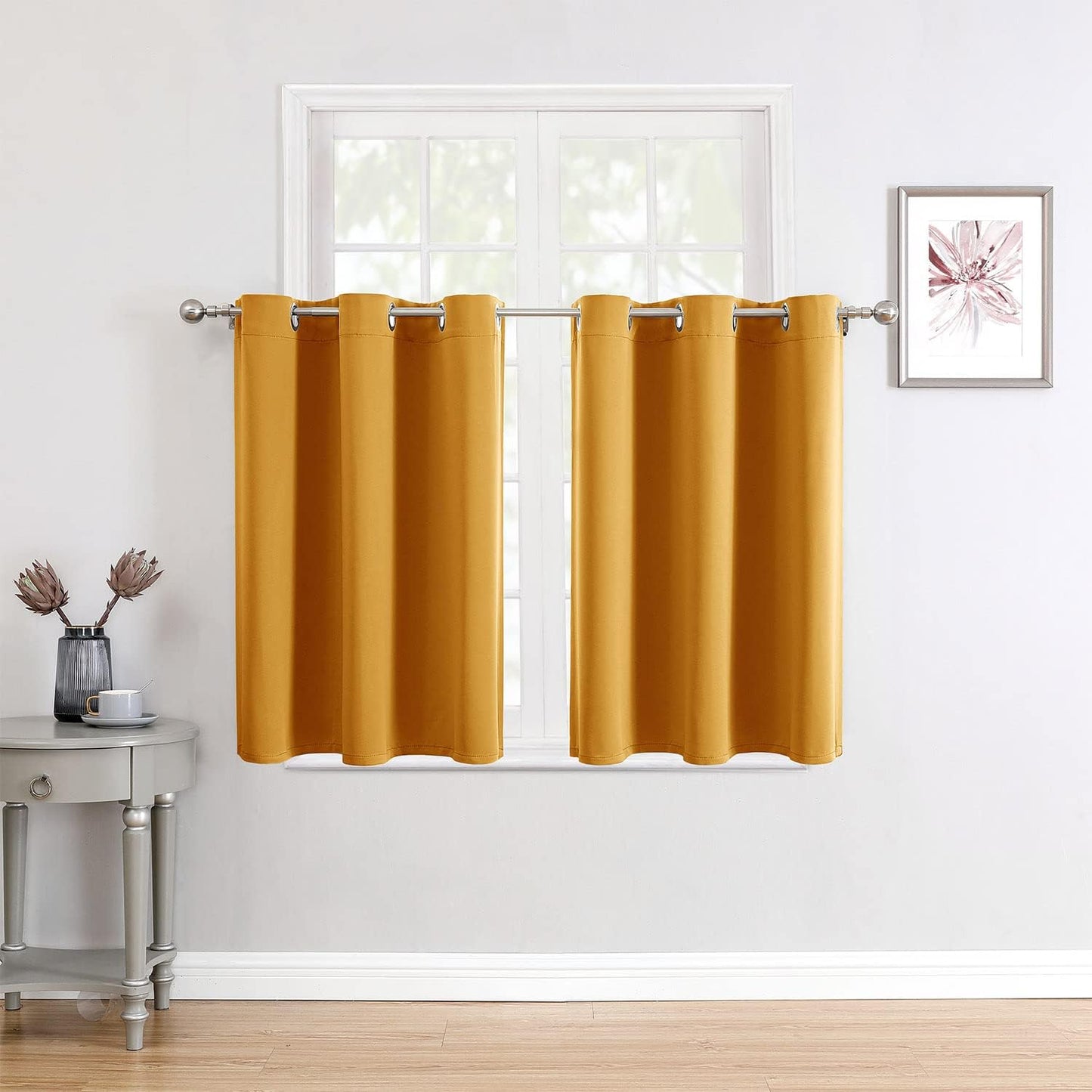 ChrisDowa Small Window Curtains for Kitchen and Bedroom - Grommet Short Thermal Insulated Room Darkening Curtains (2 Panels, Mustard Yellow, 52 x 36 Inch)