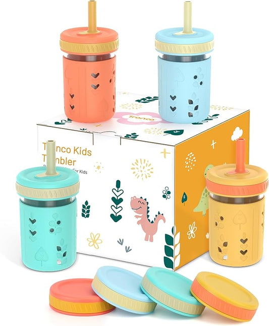 Tronco 8 oz Glass Sippy Cup for Toddlers, Kids Mason Jar Smoothie Cup with Silicone Sleeves & Spill Resistant Flexible Straw, Snack Cup, BPA-Free, Dishwasher Safe