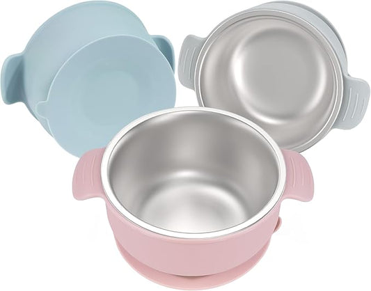 Bella's Friends Stainless Steel and Silicone Baby Bowls with Suction 3 Pack, 4.3” for Toddlers Kids Feeding, Non-Slip, Non-Toxic, Mess-Free, Dishwasher Safe, Fit High Chair Size, light pink blue gray