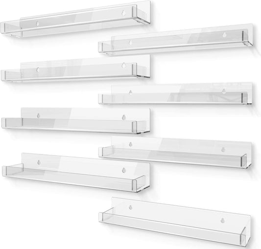 8 Pack 15 Inch Clear Acrylic Shelves, Clear Kids Floating Bookshelf for Kids Room, Modern Nail Polish Rack Sunglasses Essential Oil Picture Ledge Display Toy Storage Wall Shelf