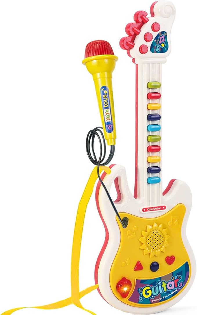 Toddler Guitar, Baby Musical Toys for Toddlers, Montessori Toys for 2 3 4 Year Old Boys Girls Pretend Play Gifts - Kids Guitar with Microphone & Piano Set Present for 1st First Birthday Christmas