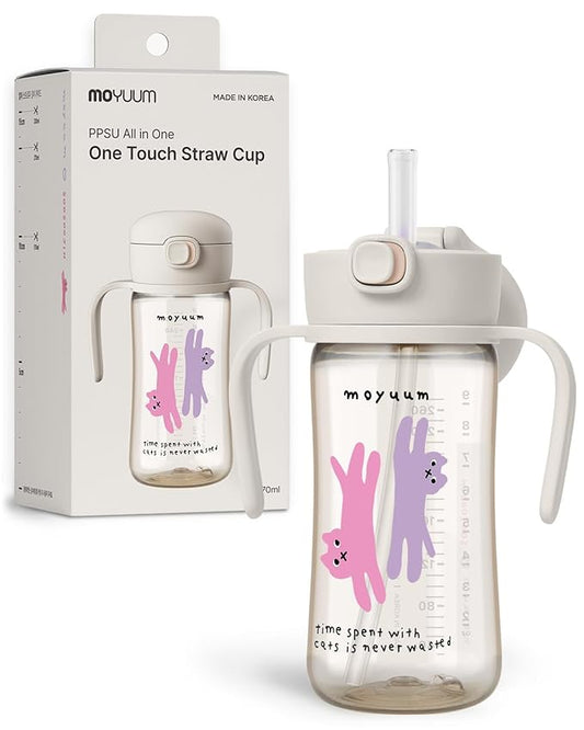 MOYUUM Leak Proof Sippy Cup with Handle | Made in Korea, 100% BPA Free PPSU, Magic No Spill Straw Cup with Attached Flip Top Lid, Easy to Hold for Babies and Toddlers, 9oz Gray