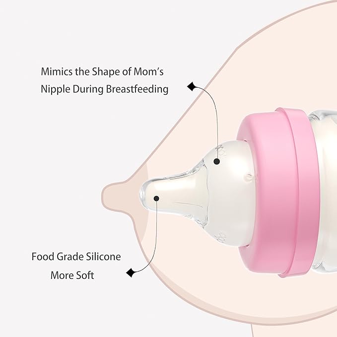 YOHKOH Glass Baby Bottles with Slow Flow Nipple, Newborn Anti-Colic Baby Bottles for 0+ Months, Wide Neck Feeding Bottle, Clear (Red, 2.7oz (Pack of 4))