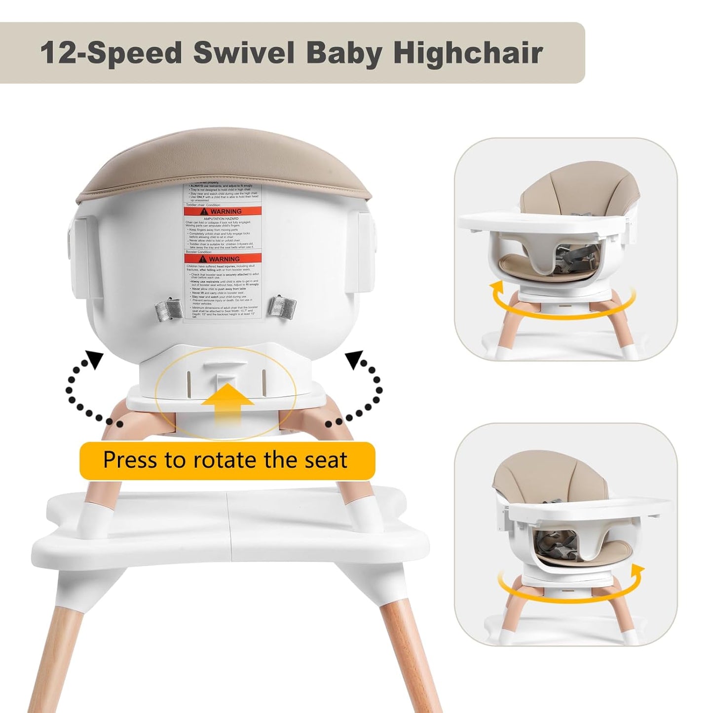 Baby High Chair, 7 in 1 Convertible High Chairs for Babies and Toddlers, Kids Learning Table, Building Block Table, Toddler Dining Chair with 360° Rotating Seat, 5-Point Safety Harness (Khaki)