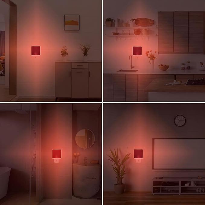 KINUR Red Night Light,2 Pack LED Night Lights Plug into Wall with Dusk to Dawn sensors, Plug in Night Lights for Kids Room, Bedroom, Bathroom, Baby Nursery,Stair Lights, Hallway Light, Daylight