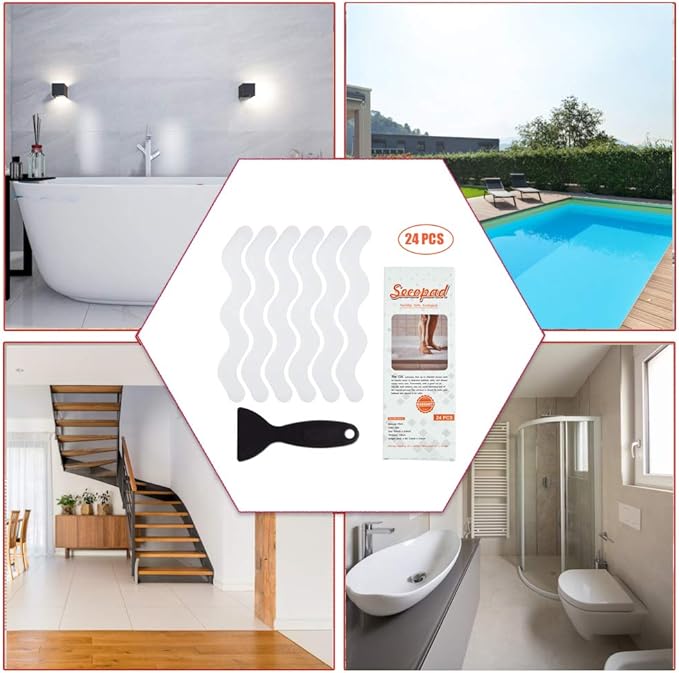 USA Patented Anti Slip Shower Stickers 24 PCS Safety Bathtub Strips Adhesive Decals with Premium Scraper for Bath Tub Shower Stairs