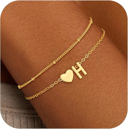 Gold Initial Bracelets for Women Girls - 14K Gold Plated Heart Initial Bracelet Teen Girl Gifts Trendy Stuff Dainty Gold Bracelets for Women Girls Trendy Jewelry Gifts