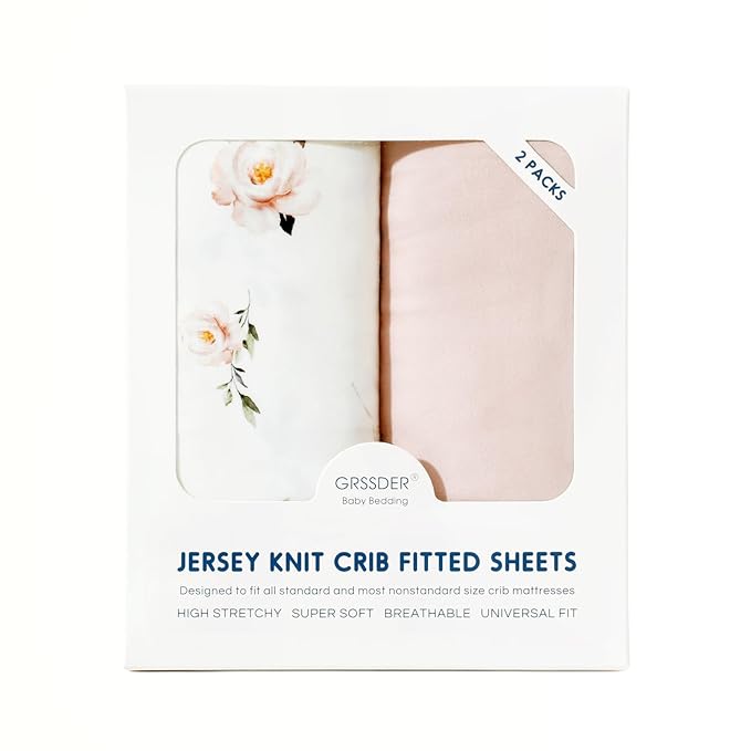 GRSSDER Stretch Ultra Soft Jersey Knit Fitted Crib Sheets Set 2 Pack, Universal Fitted Most Crib Mattress Pads Safe and Snug, Breathable Crib Fitted Sheet for Baby, Pink Rose Print