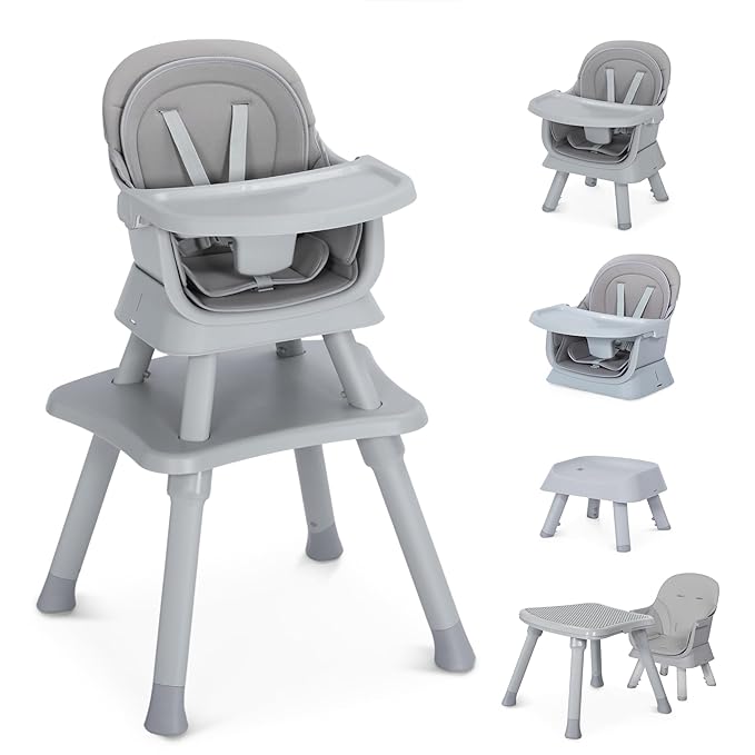 8 in 1 Baby Highchair, Convertible High Chair for Babies and Toddlers, Booster Seat w/5-Point Safety Belt, Toddler Building Block Table, Dishwasher Safe Tray, No Tool Install, Gray