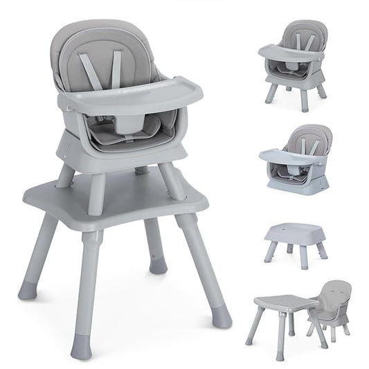 8 in 1 Baby Highchair, Convertible High Chair for Babies and Toddlers, Booster Seat w/5-Point Safety Belt, Toddler Building Block Table, Dishwasher Safe Tray, No Tool Install, Gray