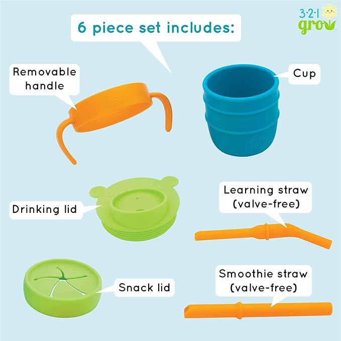 Easy Learn Drink and Snack Set – Baby + Toddler Silicone Learning Cup & Snack Set, Training Cup for Straw and Open Cup Independence – Dishwasher Safe (Ocean)