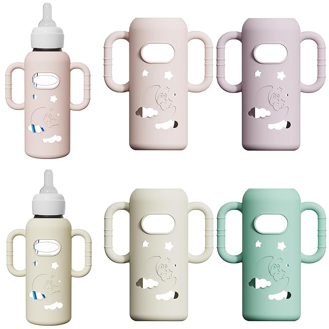 4 Pack Silicone Sleeves for Dr. Brown's Glass Bottles - Drop Protection Bottle Sleeves,Compatible with Dr. Brown's Newborn Glass Bottles,with Silicone Handles,8 oz