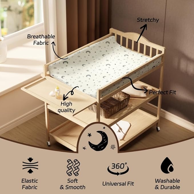 4 Pack Star and Moon Neutral Unisex Fitted Baby Sheets Set for Baby Boys or Girls (Changing pad Cover)