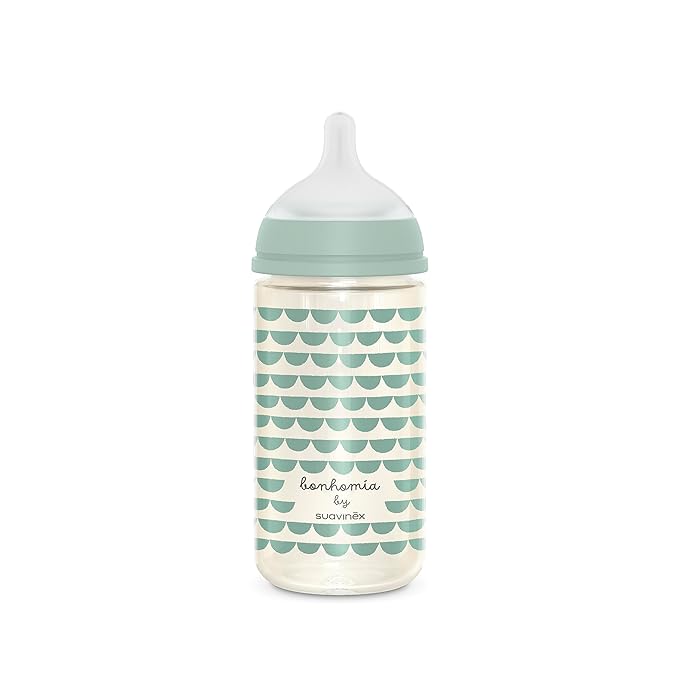 Suavinex Bonhomia Glass Baby Bottle with SX PRO Silicone Nipple, Anti Colic Baby Bottles, Baby Bottles for Breastfed Babies, Medium Flow, 3mo, 8oz, Mint